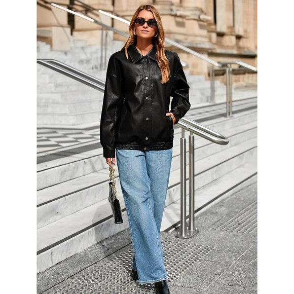 Women's Oversized Faux Leather Black Jacket Button Down Moto Bomber Winter Coat - Picture 6 of 6